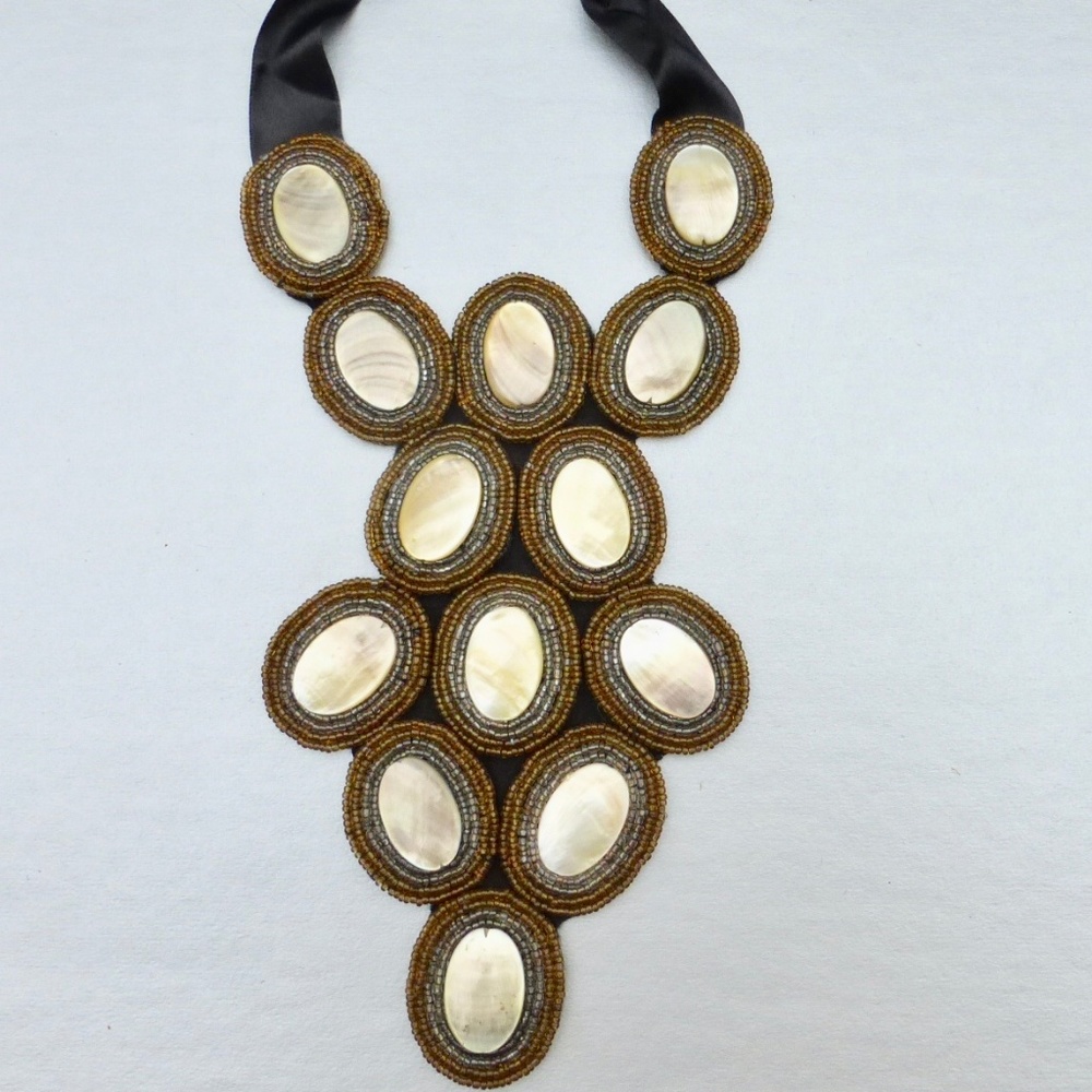 Golden Mop Shell Bib Beaded Statement Necklace - image 1